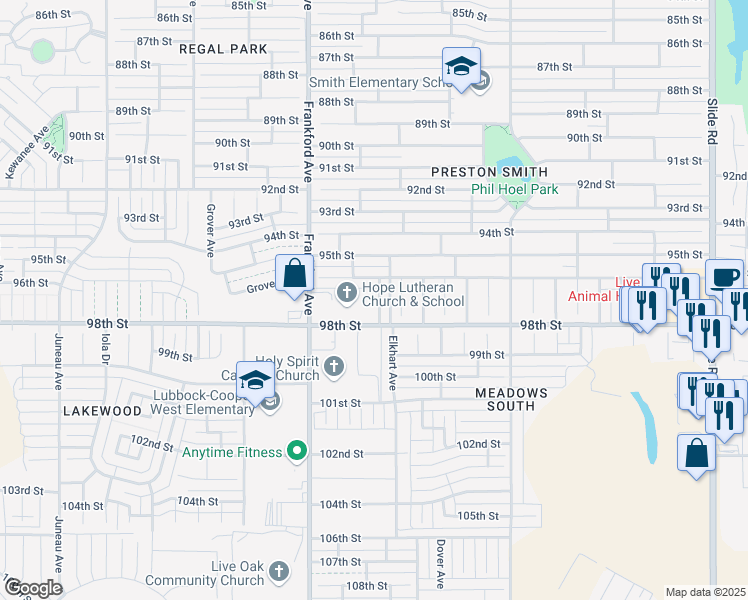 map of restaurants, bars, coffee shops, grocery stores, and more near 9618 Elmwood Avenue in Lubbock