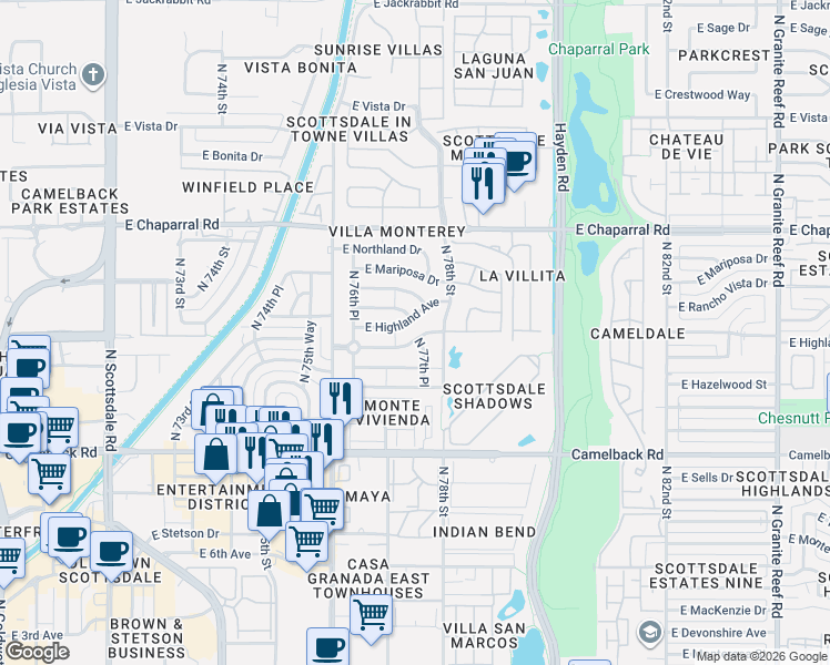 map of restaurants, bars, coffee shops, grocery stores, and more near 7701 East Coolidge Avenue in Scottsdale