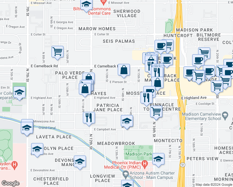 map of restaurants, bars, coffee shops, grocery stores, and more near 1315 East Highland Avenue in Phoenix