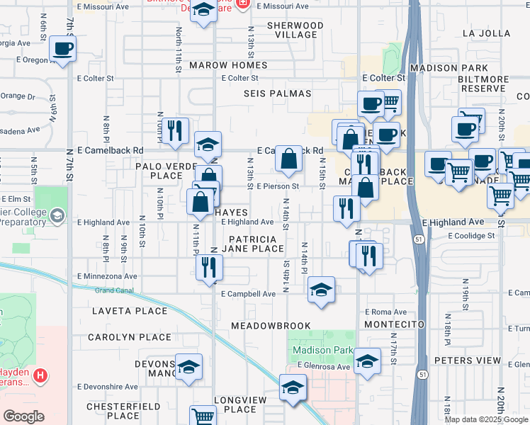 map of restaurants, bars, coffee shops, grocery stores, and more near 1315 East Highland Avenue in Phoenix
