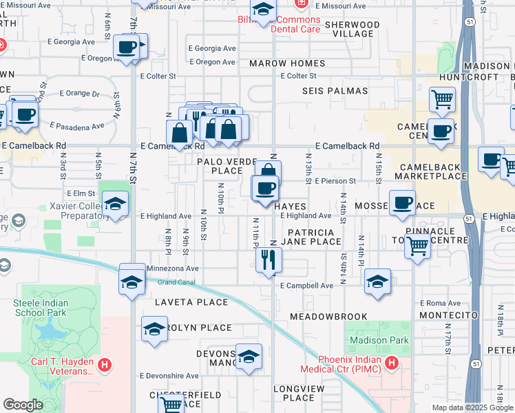 map of restaurants, bars, coffee shops, grocery stores, and more near 1117 East Highland Avenue in Phoenix