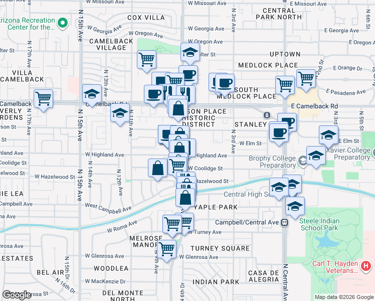 map of restaurants, bars, coffee shops, grocery stores, and more near 523 West Highland Avenue in Phoenix