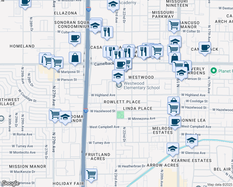 map of restaurants, bars, coffee shops, grocery stores, and more near in Phoenix