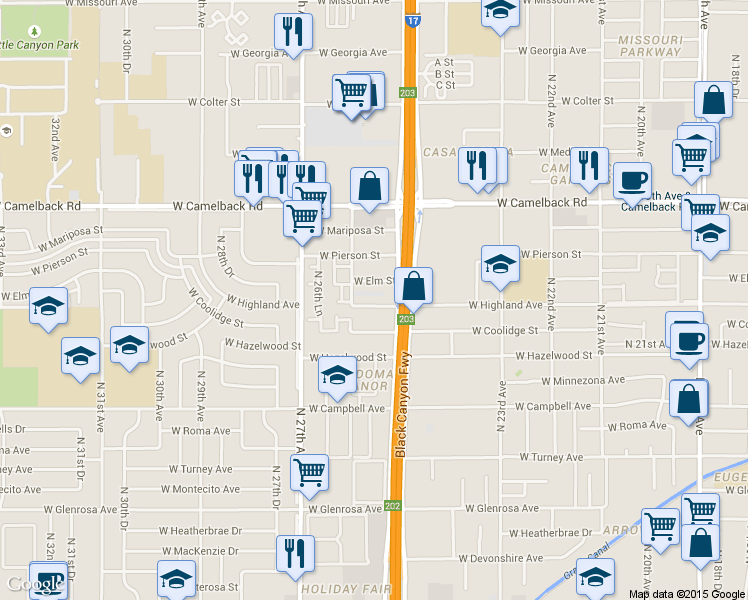 map of restaurants, bars, coffee shops, grocery stores, and more near 2535 West Highland Avenue in Phoenix