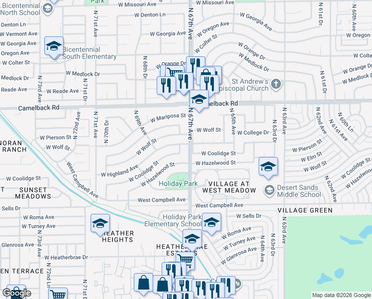 map of restaurants, bars, coffee shops, grocery stores, and more near 6641 West Coolidge Street in Phoenix