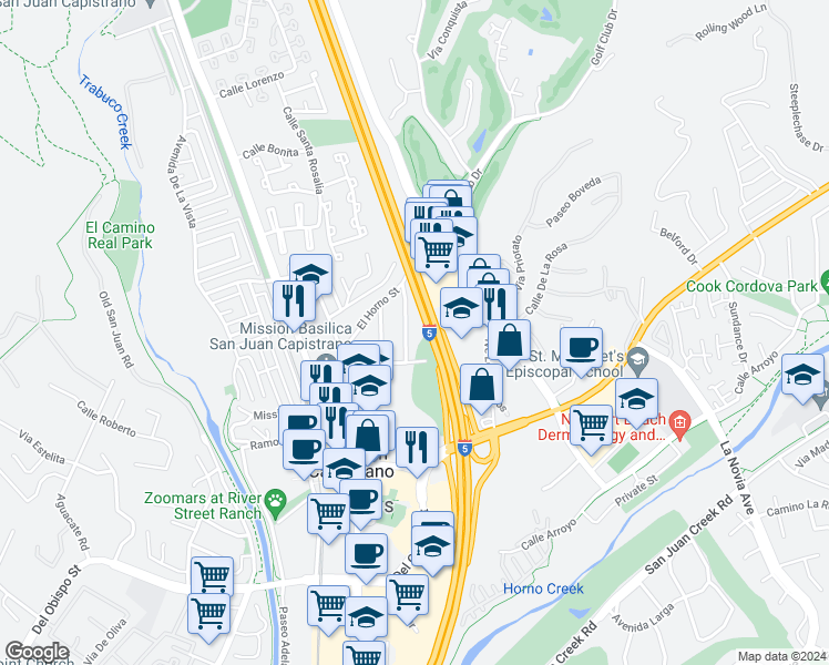 map of restaurants, bars, coffee shops, grocery stores, and more near 31472 La Calera Street in San Juan Capistrano