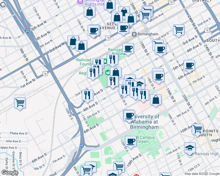 map of restaurants, bars, coffee shops, grocery stores, and more near 1449-1483 4th Avenue South in Birmingham