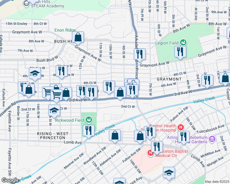 map of restaurants, bars, coffee shops, grocery stores, and more near 906 3rd Avenue West in Birmingham