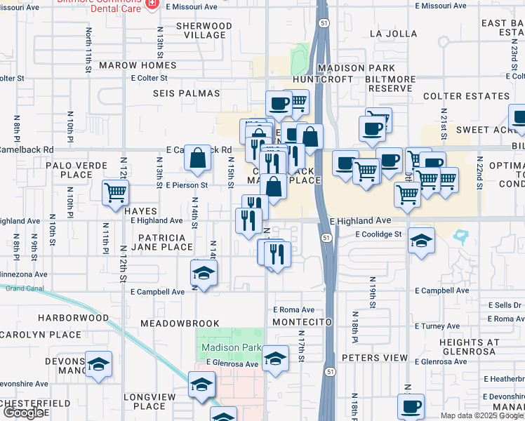 map of restaurants, bars, coffee shops, grocery stores, and more near 4700 North 16th Street in Phoenix