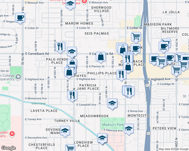 map of restaurants, bars, coffee shops, grocery stores, and more near 1315 East Highland Avenue in Phoenix