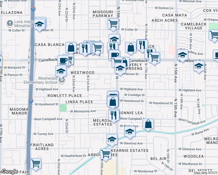 map of restaurants, bars, coffee shops, grocery stores, and more near 1920 West Hazelwood Parkway in Phoenix
