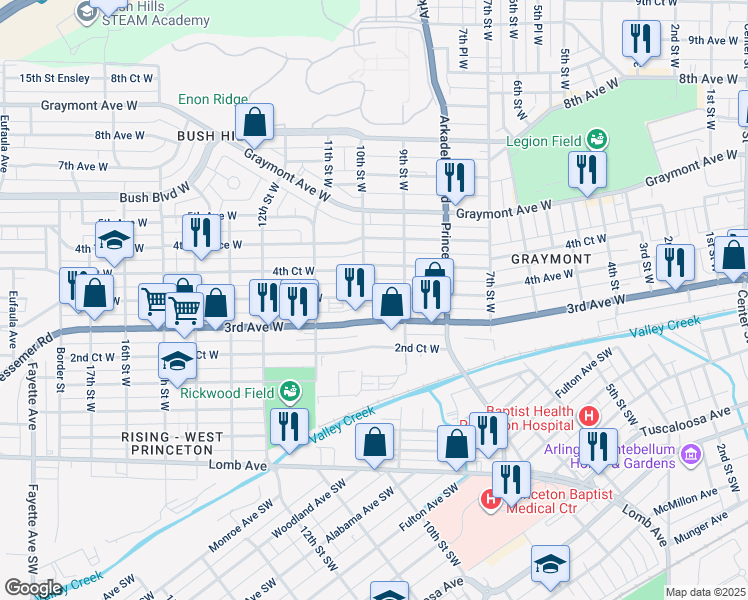 map of restaurants, bars, coffee shops, grocery stores, and more near 906 3rd Avenue West in Birmingham