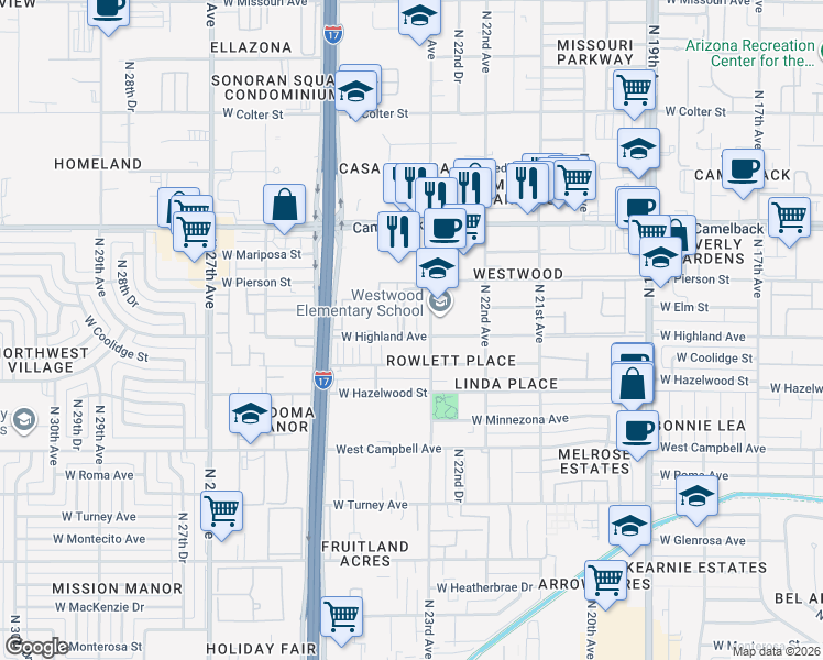 map of restaurants, bars, coffee shops, grocery stores, and more near in Phoenix