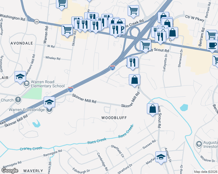 map of restaurants, bars, coffee shops, grocery stores, and more near 3021 Skinner Mill Road in Augusta