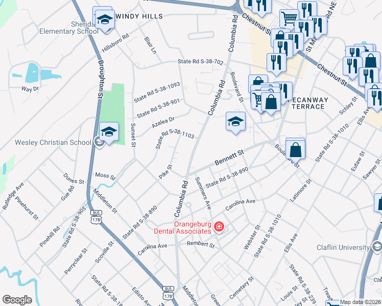 map of restaurants, bars, coffee shops, grocery stores, and more near 1324 Columbia Road in Orangeburg