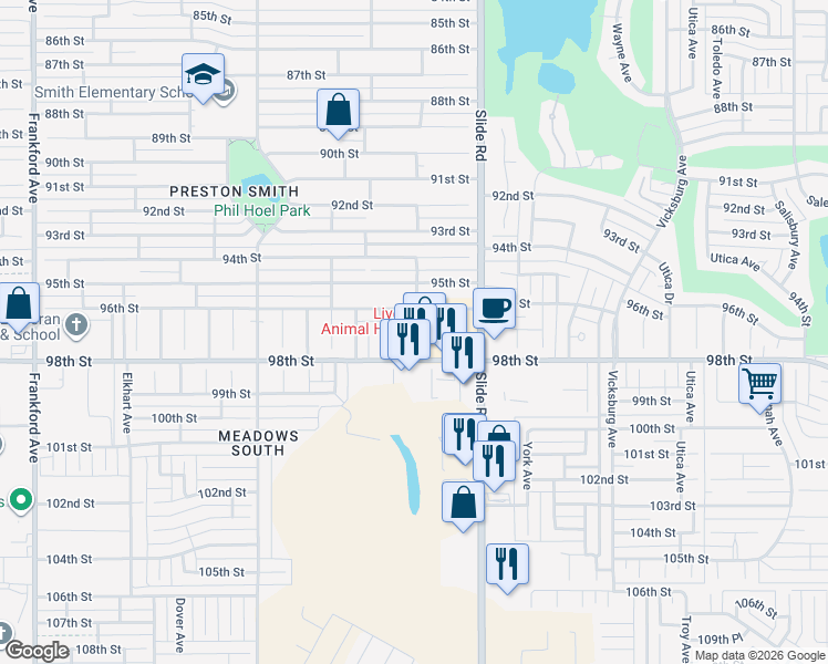 map of restaurants, bars, coffee shops, grocery stores, and more near 9709 Abbeville Avenue in Lubbock