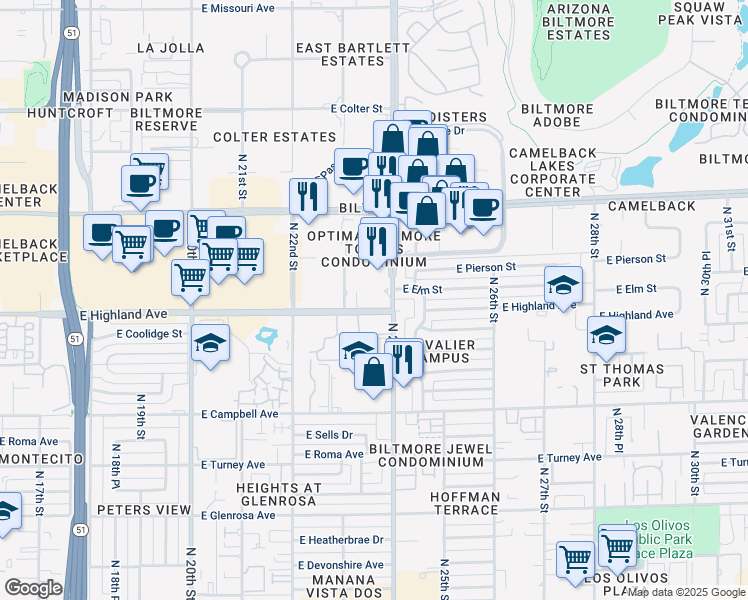 map of restaurants, bars, coffee shops, grocery stores, and more near 2321 East Highland Avenue in Phoenix