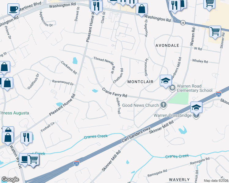 map of restaurants, bars, coffee shops, grocery stores, and more near 3222 Crane Ferry Road in Augusta