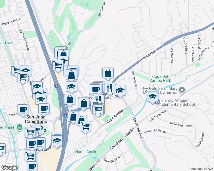 map of restaurants, bars, coffee shops, grocery stores, and more near in San Juan Capistrano