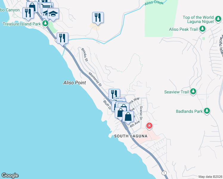 map of restaurants, bars, coffee shops, grocery stores, and more near 31402 Ocean View Street in Laguna Beach