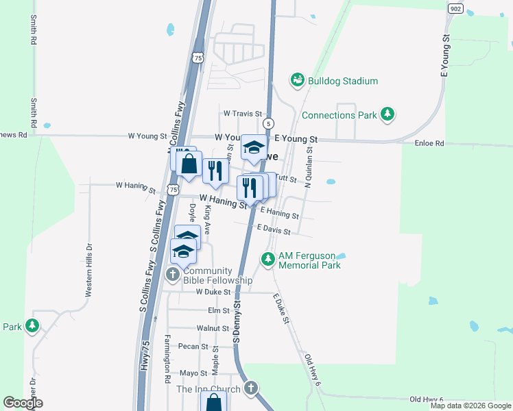 map of restaurants, bars, coffee shops, grocery stores, and more near 120 East Haning Street in Howe