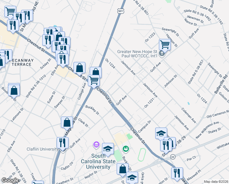 map of restaurants, bars, coffee shops, grocery stores, and more near 500-562 Frederick Street in Orangeburg