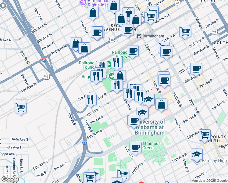 map of restaurants, bars, coffee shops, grocery stores, and more near 1449-1483 4th Avenue South in Birmingham