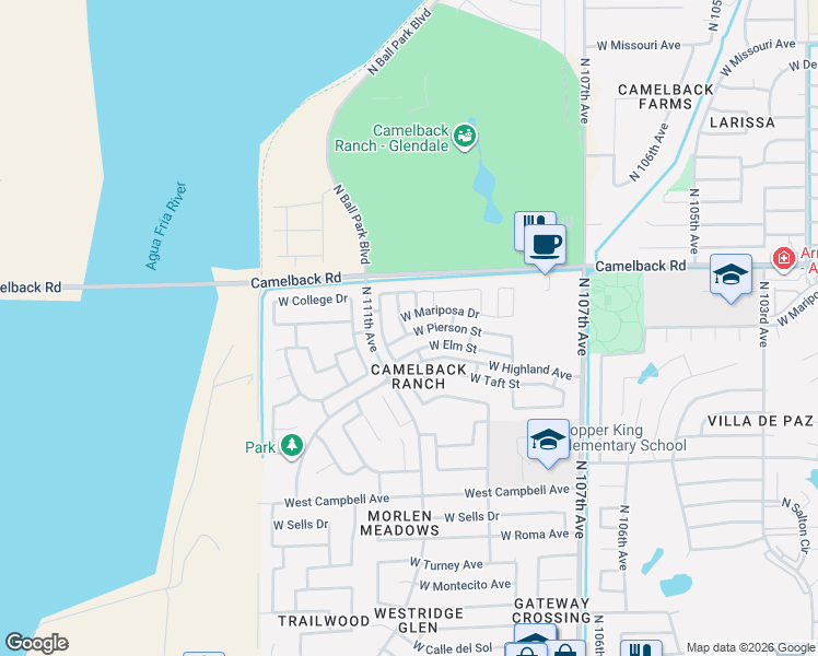 map of restaurants, bars, coffee shops, grocery stores, and more near 11031 West Pierson Street in Phoenix