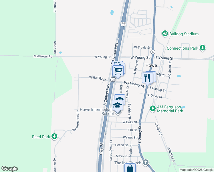 map of restaurants, bars, coffee shops, grocery stores, and more near 102 S Collins Fwy in Howe