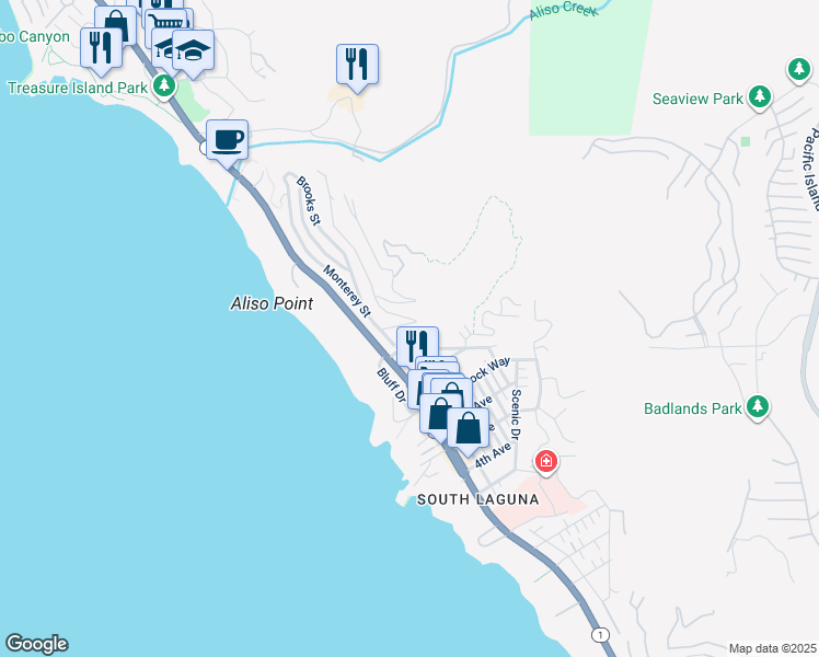 map of restaurants, bars, coffee shops, grocery stores, and more near 31461 Ocean View Street in Laguna Beach