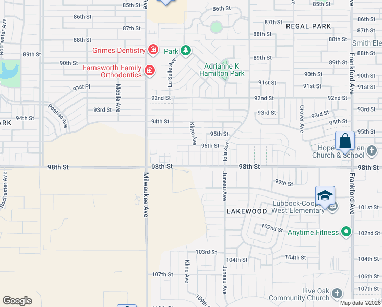 map of restaurants, bars, coffee shops, grocery stores, and more near 9616 Kline Avenue in Lubbock