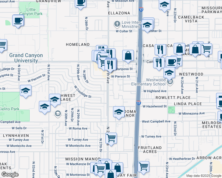 map of restaurants, bars, coffee shops, grocery stores, and more near 4645 North 26th Lane in Phoenix