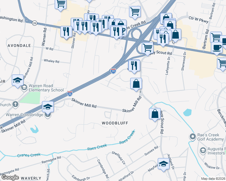 map of restaurants, bars, coffee shops, grocery stores, and more near 3021 Skinner Mill Road in Augusta