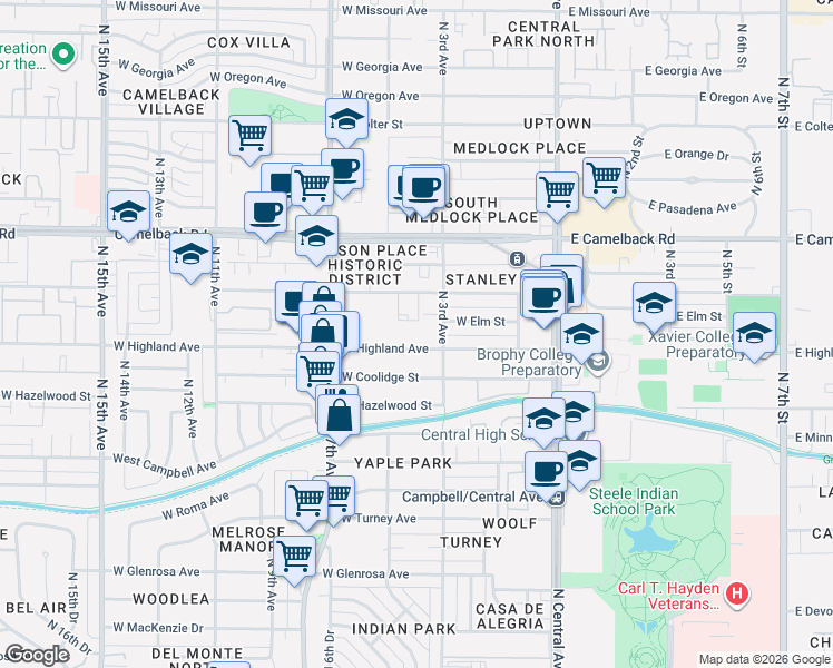 map of restaurants, bars, coffee shops, grocery stores, and more near 303 West Highland Avenue in Phoenix