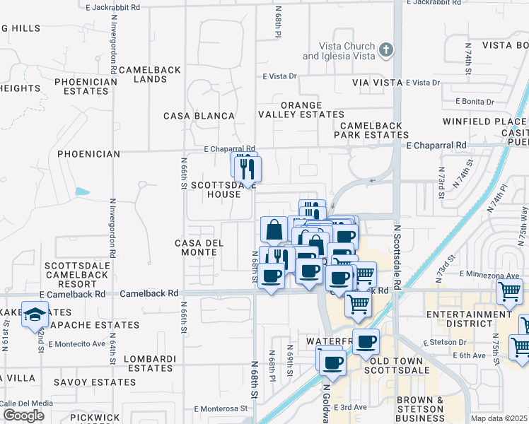 map of restaurants, bars, coffee shops, grocery stores, and more near 118 East Highland Avenue in Scottsdale