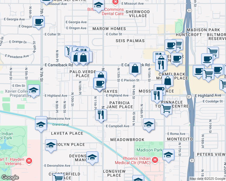 map of restaurants, bars, coffee shops, grocery stores, and more near 1235 East Highland Avenue in Phoenix