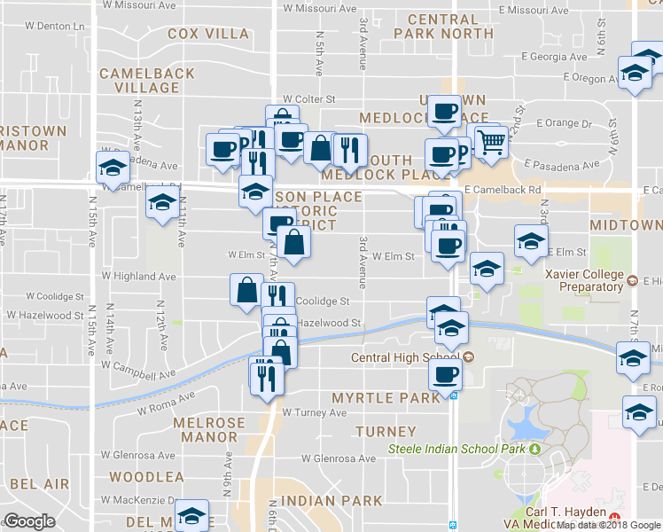 map of restaurants, bars, coffee shops, grocery stores, and more near 339 West Highland Avenue in Phoenix