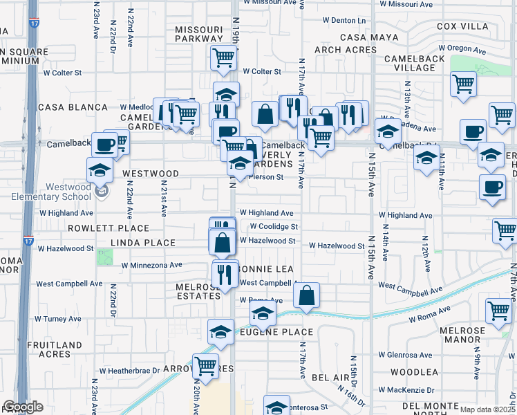map of restaurants, bars, coffee shops, grocery stores, and more near 1808 West Coolidge Street in Phoenix