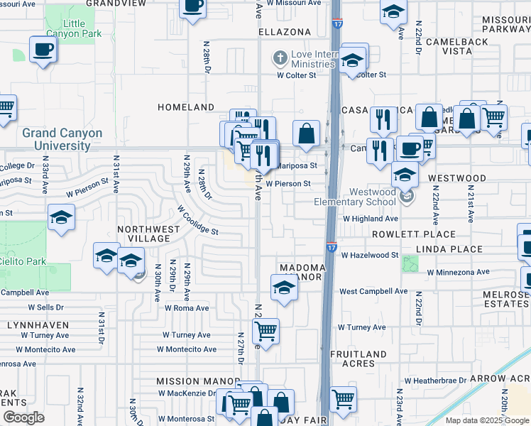 map of restaurants, bars, coffee shops, grocery stores, and more near 4645 North 26th Lane in Phoenix