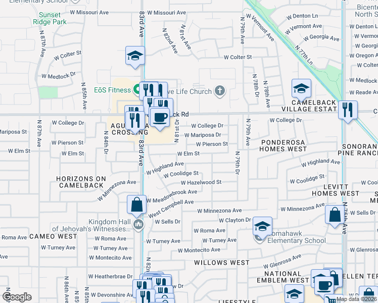 map of restaurants, bars, coffee shops, grocery stores, and more near 8026 West Highland Avenue in Phoenix
