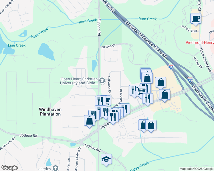 map of restaurants, bars, coffee shops, grocery stores, and more near 2010 Oakwood Drive in Stockbridge