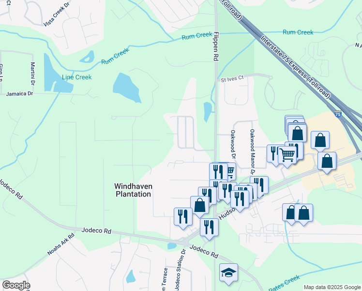 map of restaurants, bars, coffee shops, grocery stores, and more near 220 Turnstone Road in Stockbridge