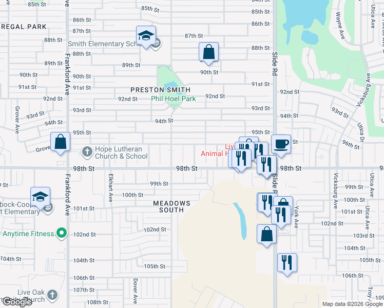 map of restaurants, bars, coffee shops, grocery stores, and more near 9614 Beaufort Avenue in Lubbock