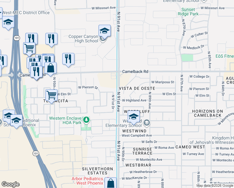 map of restaurants, bars, coffee shops, grocery stores, and more near 4705 North 91st Drive in Phoenix