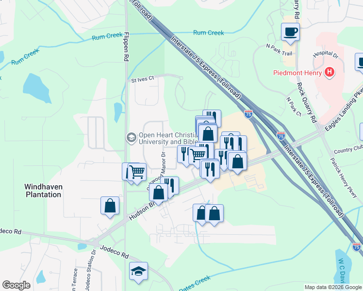 map of restaurants, bars, coffee shops, grocery stores, and more near 196 Oakwood Circle in Stockbridge