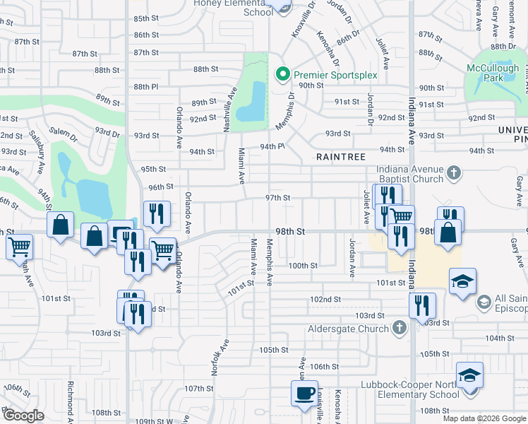 map of restaurants, bars, coffee shops, grocery stores, and more near 9728 Memphis Avenue in Lubbock