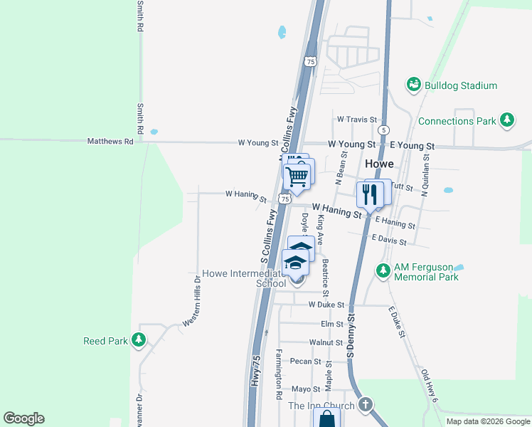 map of restaurants, bars, coffee shops, grocery stores, and more near 102 S Collins Fwy in Howe