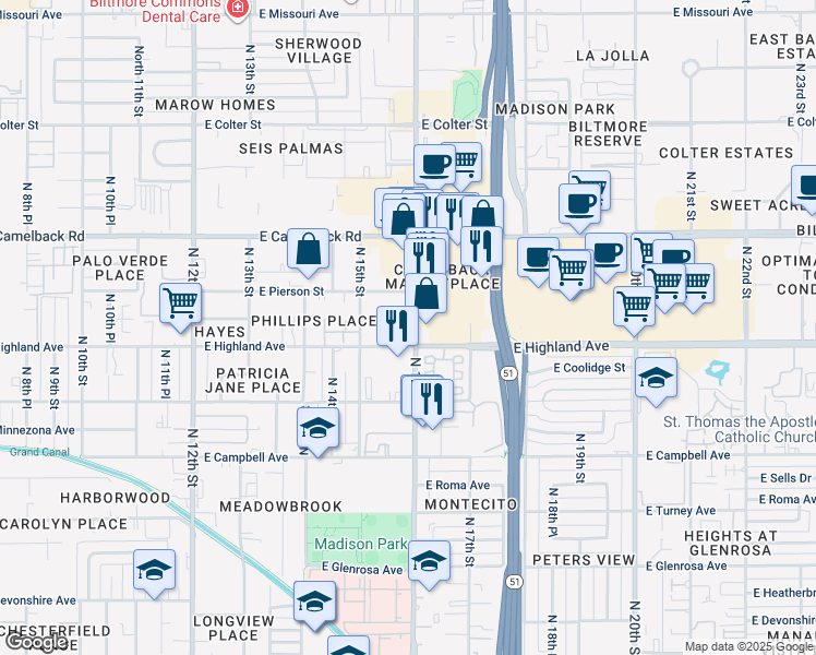 map of restaurants, bars, coffee shops, grocery stores, and more near 4700 North 16th Street in Phoenix