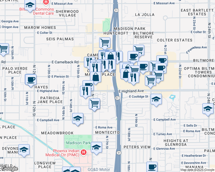 map of restaurants, bars, coffee shops, grocery stores, and more near 1661 East Camelback Road in Phoenix