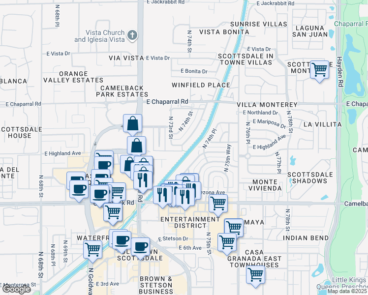 map of restaurants, bars, coffee shops, grocery stores, and more near 7351 East Thornwood Drive in Scottsdale